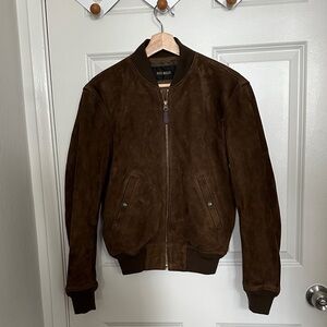 Buck Mason Men’s Dark Brown Suede Bomber Jacket, size XS